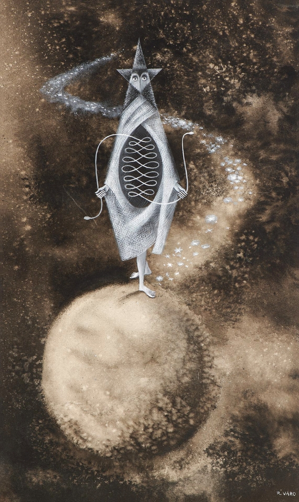 A másik időmérték Remedios Varo  szürrealista festmény Csillagászat, Férfi alak, Női alak